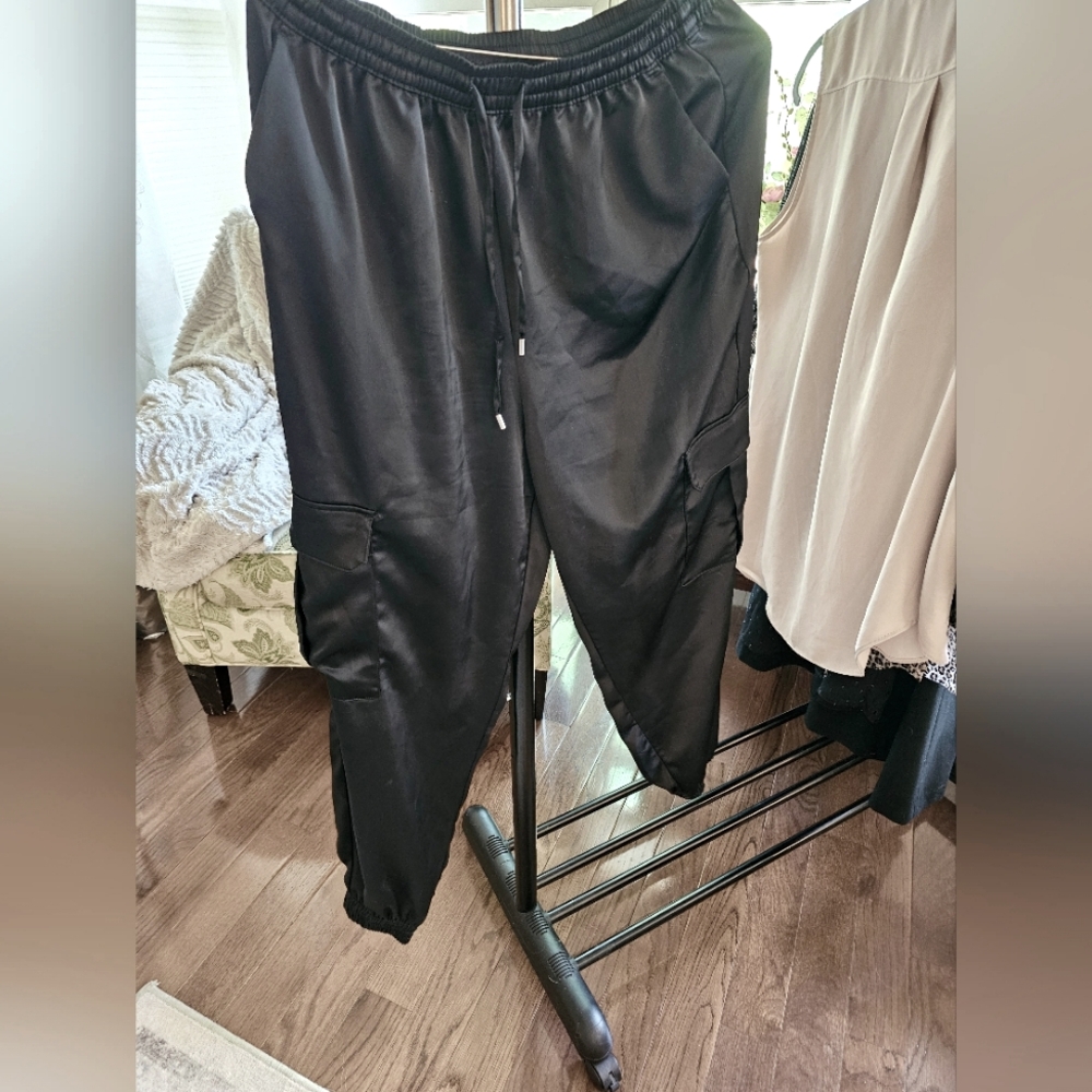 Satin black cargo joggers